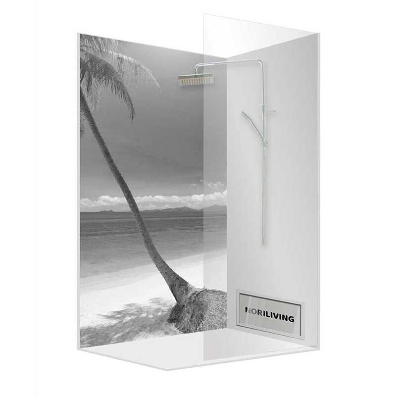 Schicke Glasdusche mit tropischem Strand- und Palmenmotiv, ideal für moderne Badezimmergestaltung