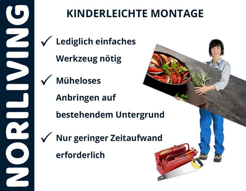 Checkliste mit kinderleichter Montage: Einfaches Werkzeug, müheloses Anbringen, geringer Zeitaufwand. Person mit Platte und Werkzeug.