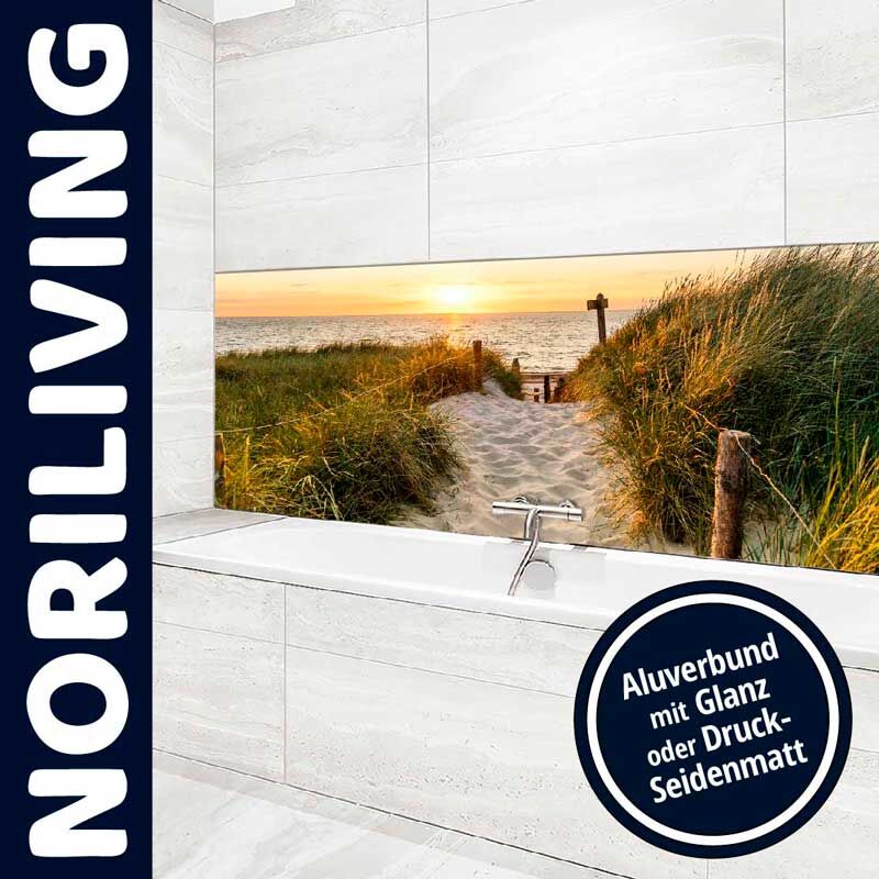 Wandverkleidung von Noriliving zeigt einen Sandweg zum Strand bei Sonnenuntergang, passend für moderne Badezimmer