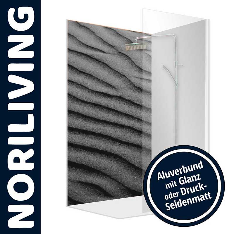 Duschwand von Noriliving aus Aluverbund mit wellenförmigem Design und Auswahl zwischen Glanz oder Seidenmatt.