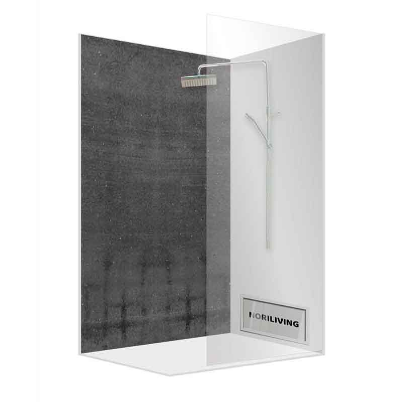Eckige Duschkabine mit einem Regenduschkopf und Glaswänden vor einer grauen Wand, Markenlogo sichtbar.