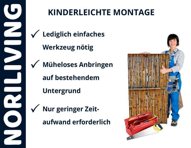 Person zeigt einfache Montage einer Bambuswand von NORILIVING mit minimalem Zeitaufwand