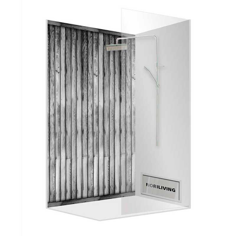 Elegante Dusche mit vertikalen Verkleidungselementen in Holzoptik und minimalistischer Duscharmatur