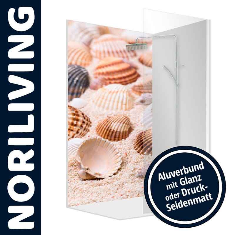 Dekorative Duschwand mit Muscheldruck, erhältlich in Aluverbund Glanz oder Seidenmatt