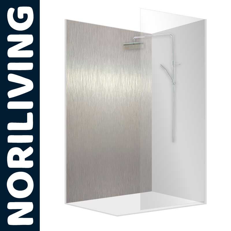Transparente Duschglaswand von NORILIVING mit stilvoller metallischer Rückwand und integriertem Duschkopf