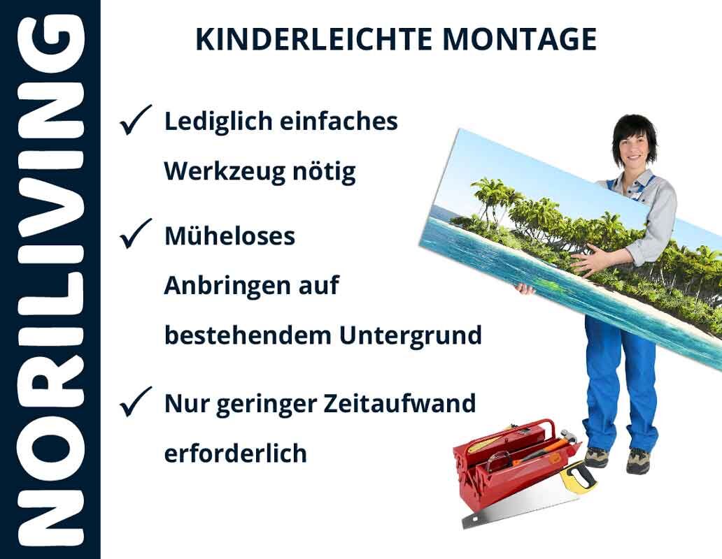 Person hält großes Wandbild, einfache Montage mit wenig Werkzeug notwendig