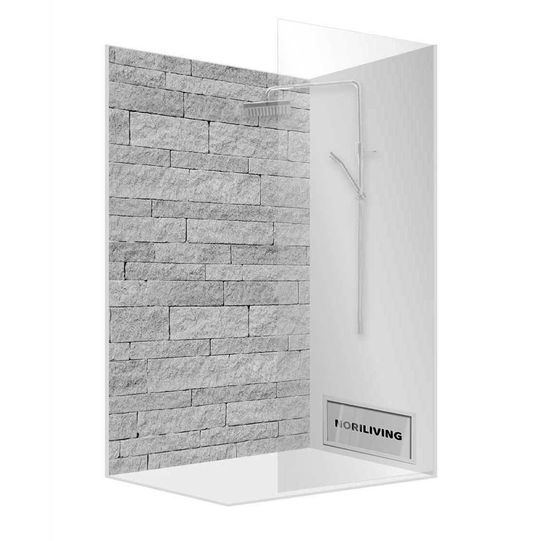 Abbildung einer Einzel-Duschrückwand mit Motiv Steinwand beige - blau 430 schwarz-weiß