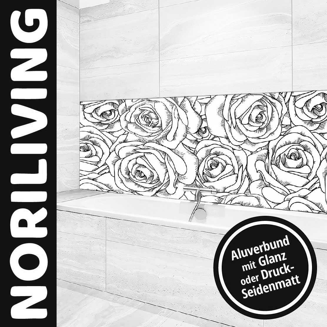 Ansicht des Badrückwand-Motivs Rosen Hand gezeichnet schwarz-weiß Oberkante