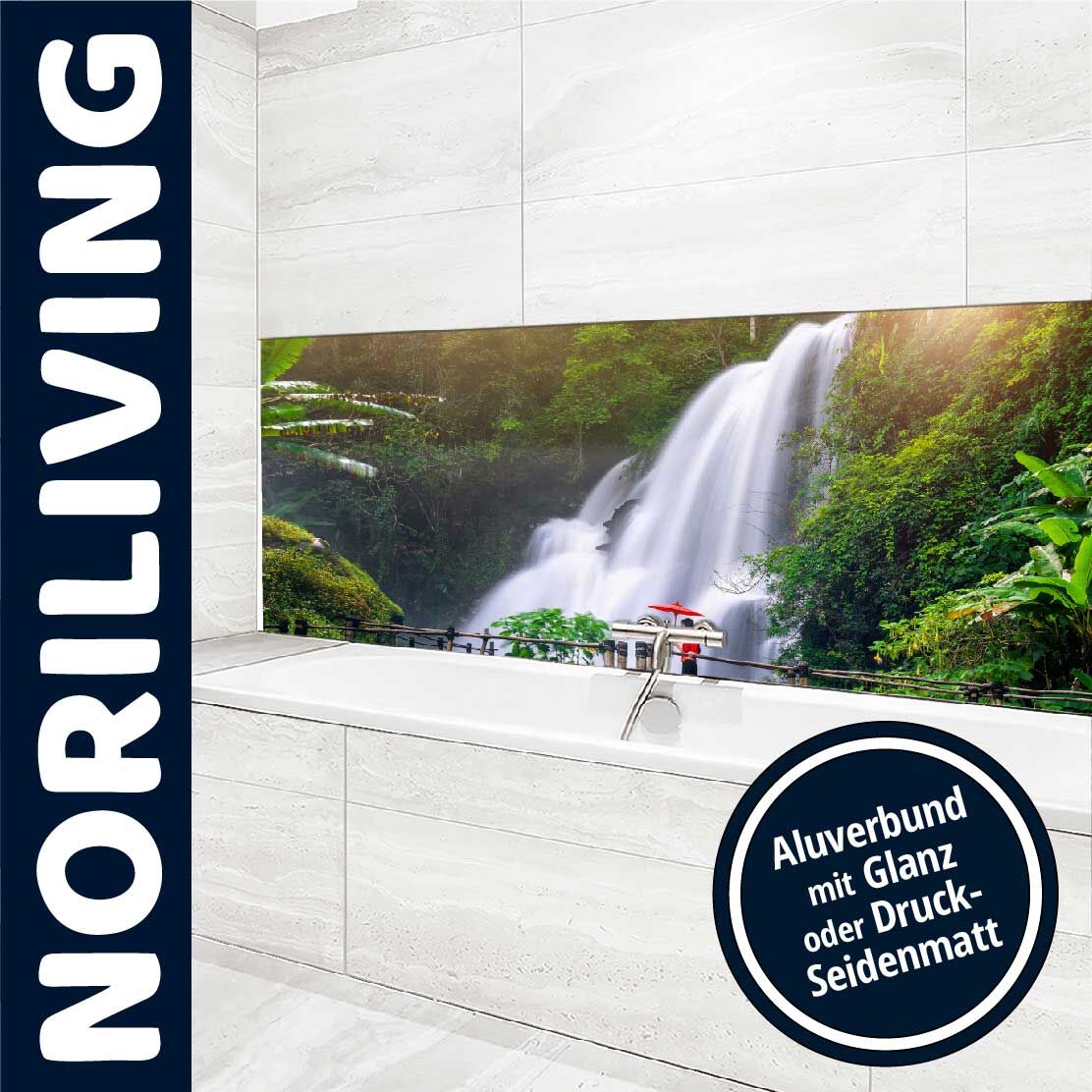 Badezimmer mit Aluverbund-Wandverkleidung und Wasserfallmotiv von NORILIVING