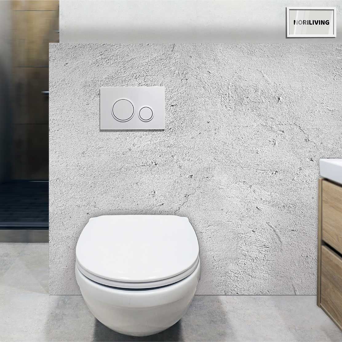 im WC eingebaute Toilettenrückwand mit Motiv hellgrauer gerissener Rauputz 736
