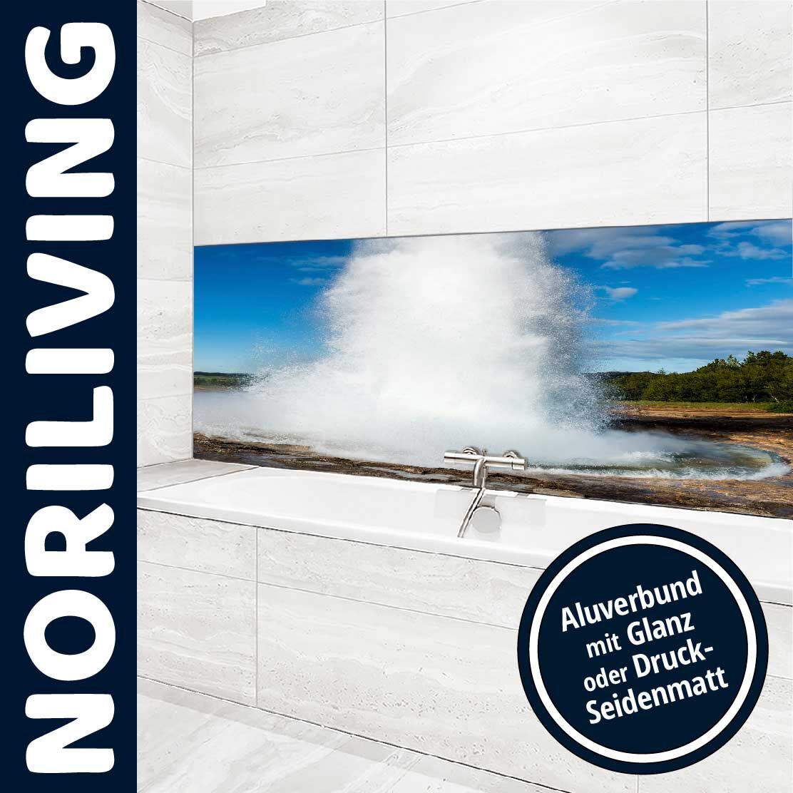Ansicht des Badrückwand-Motivs ausbrechender Geysir heißer Quellen auf Island 011 Unterkante