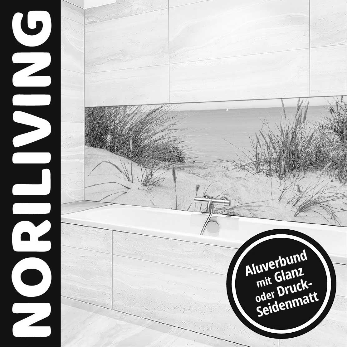 Aluverbund mit glänzendem oder seidenmattem Druck, Sanddünen-Motiv über einer Badewanne, Noriliving-Design