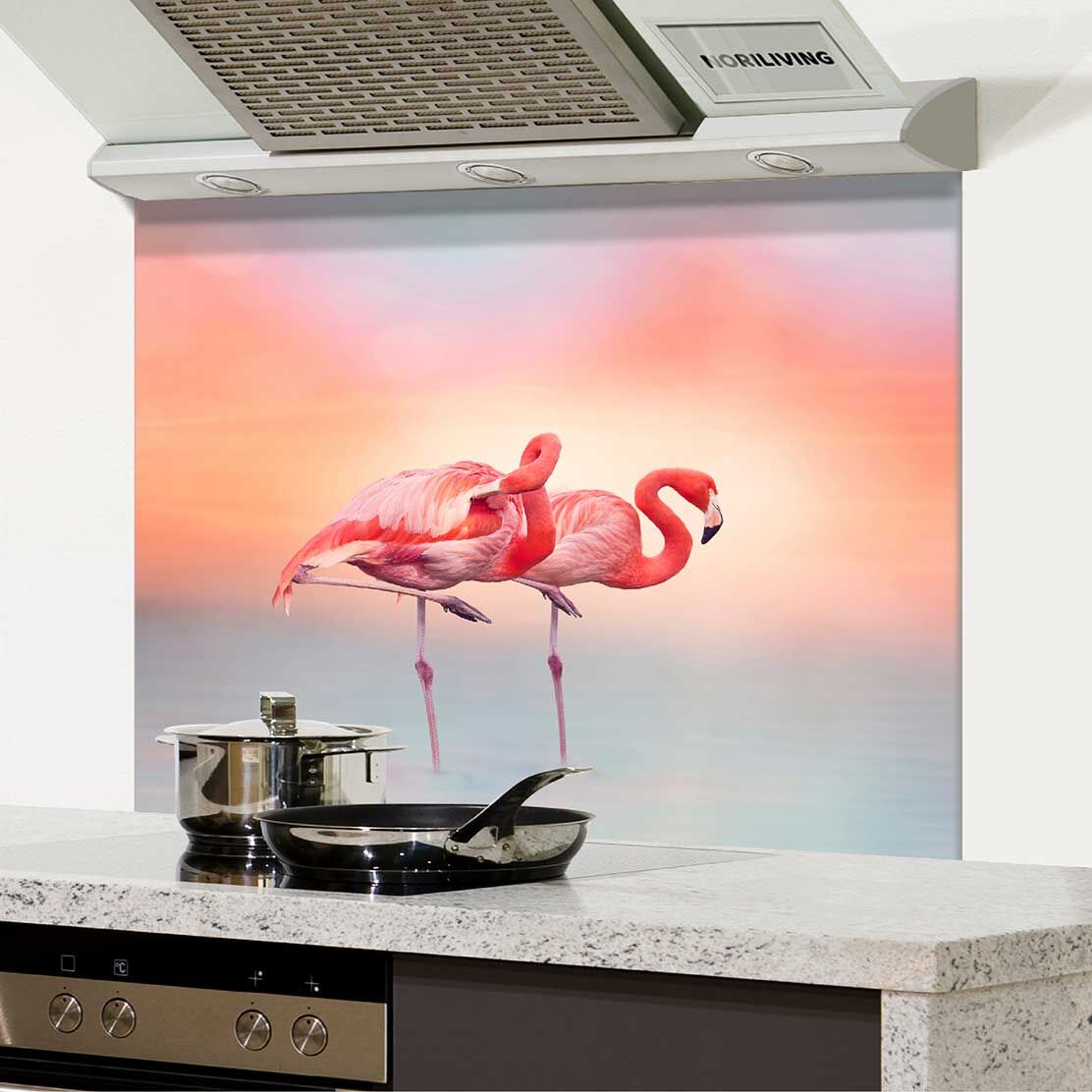 in der Küche eingebauter Spritzschutz Küche - Herd mit Motiv zwei rosa Flamingos bei Sonnenuntergang 985
