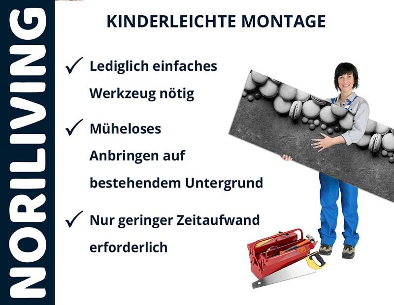 Eine Person zeigt die einfache Montage von Noriliving-Produkten, die wenig Zeit und nur einfaches Werkzeug erfordert.