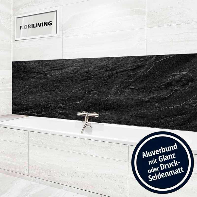 Badewanne mit moderner schwarzer Wandverkleidung und Aluverbund, erhältlich in Glanz oder Druck-Seidenmatt