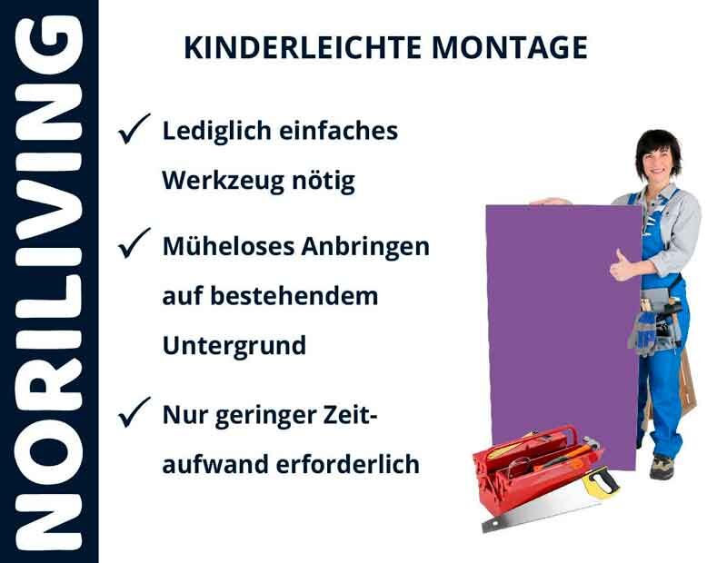 Person hält ein großes, lila Brett; Text: Kinderleichte Montage, lediglich einfaches Werkzeug nötig, müheloses Anbringen auf bestehendem Untergrund, nur geringer Zeitaufwand erforderlich; Marke Noriliving