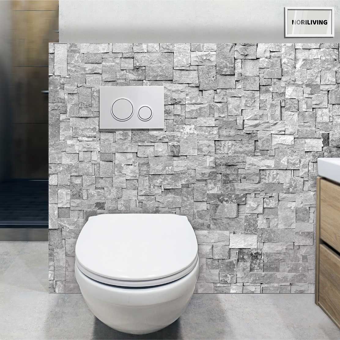 im WC eingebaute Toilettenrückwand mit Motiv Steinwand Mosaik hellgrau 209a