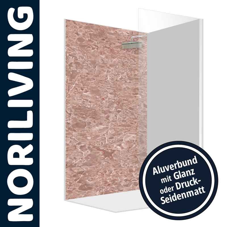Illustration einer Duschwand von NORILIVING aus Alu-Verbund in Marmor-Optik, erhältlich in glänzend oder seidenmatt