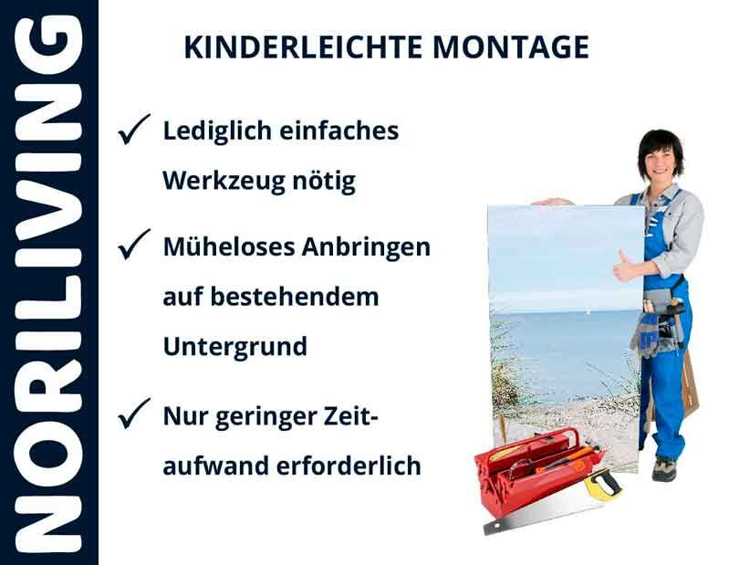 Werbung für Noriliving-Produkte mit kinderleichter Montage und minimalem Zeitaufwand, dargestellt durch eine Person mit Werkzeug und einem Bild vor Strandkulisse