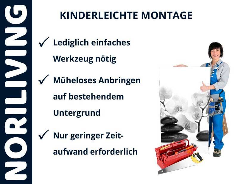 Plakat von NoriLiving mit einfacher Montageanleitung. Frau mit Werkzeug in blauem Overall hält Leinwand.