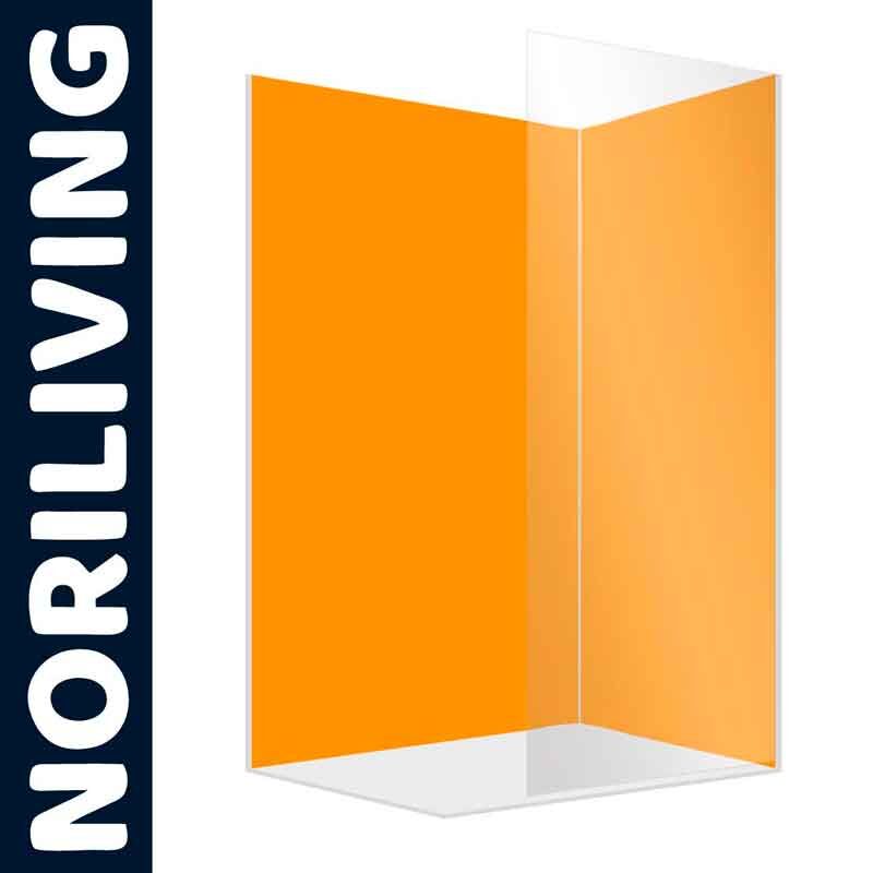 Duschkabine mit transparenten Seitenwänden und orangefarbener Rückwand