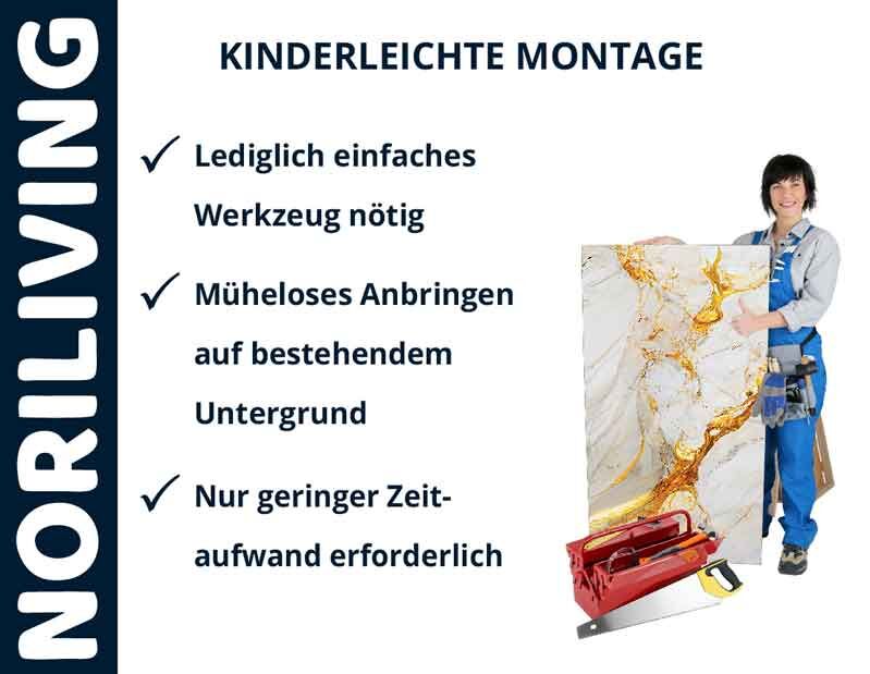 Infografik zu Noriliving: Kinderleichte Montage, lediglich einfaches Werkzeug nötig, müheloses Anbringen auf bestehendem Untergrund, nur geringer Zeitaufwand erforderlich, Techniker mit Werkzeugkoffer und Wandpanel.