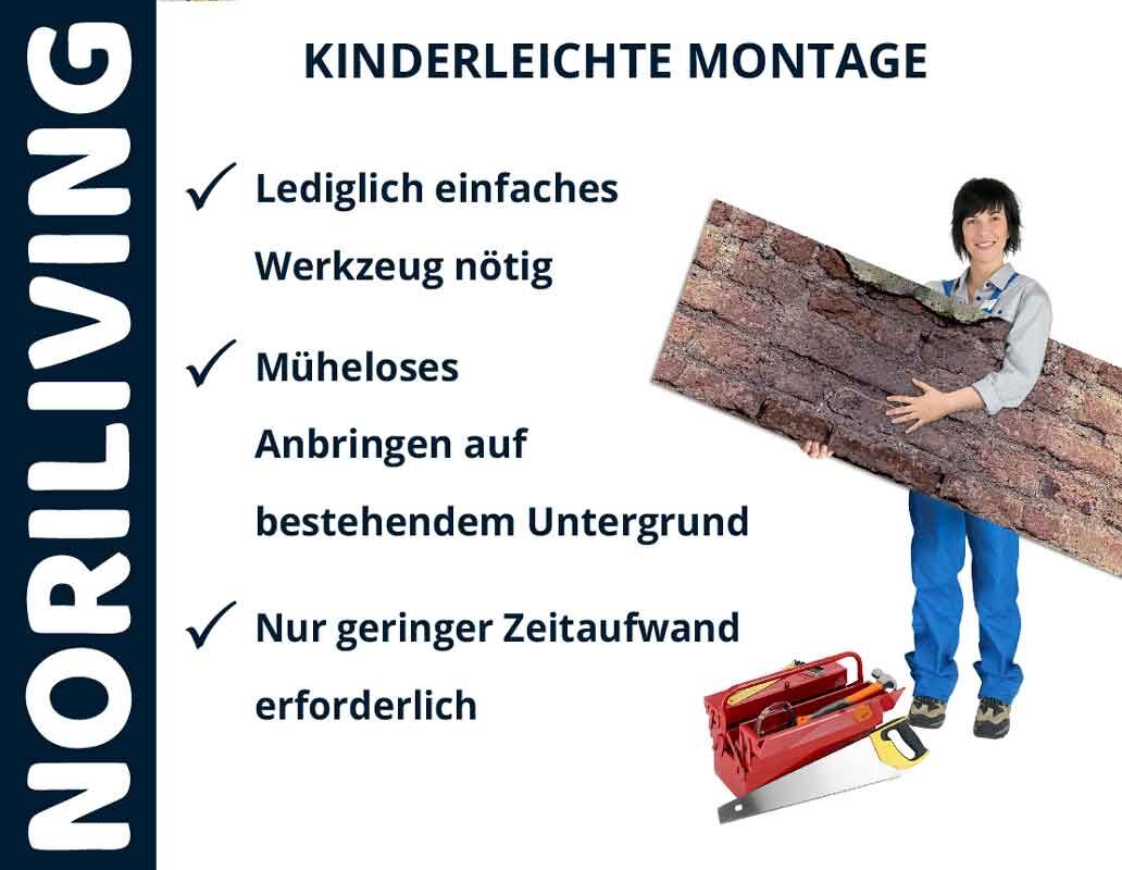 Eine Person zeigt eine kinderleicht montierbare Wandverkleidung von NORILIVING, einfache Werkzeuge für Installation sichtbar.