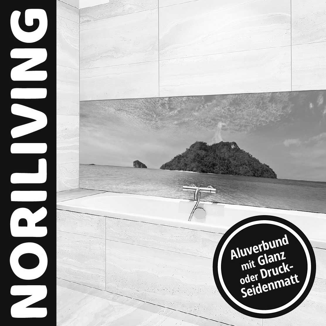 Moderne Badezimmer-Rückwand mit Inselmotiv, hergestellt aus Aluverbund in Glanz oder Druck-Seidenmatt von NORILIVING.