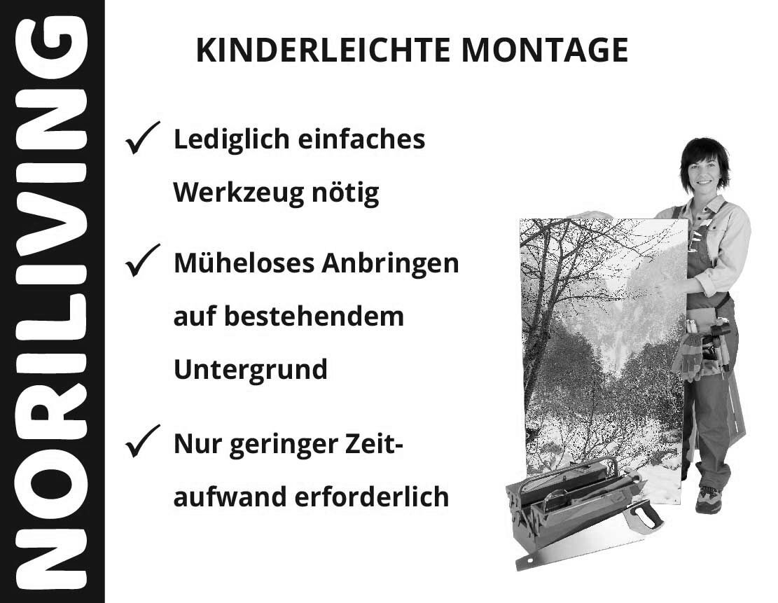 Person mit Noriliving-Montagewerkzeug und Bild, zeigt einfache Installation auf bestehendem Untergrund.