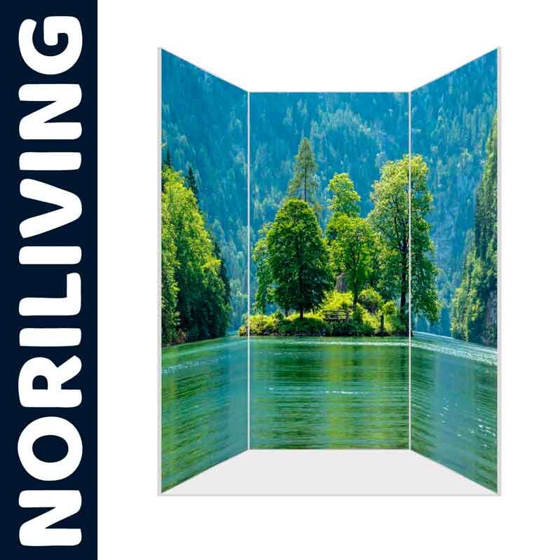 Paravent mit Bild eines Sees und grüner Waldlandschaft, ideal für Raumtrennung oder Dekoration