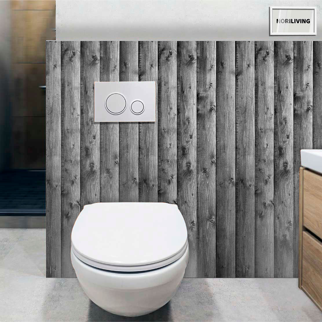 im WC eingebaute Toilettenrückwand mit Motiv Hölzerner Hintergrund 562 schwarz-weiß