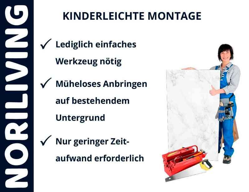 Plakat von NORILIVING mit dem Slogan kinderleichte Montage, Aufzählung der Vorteile und einer Person mit Werkzeug