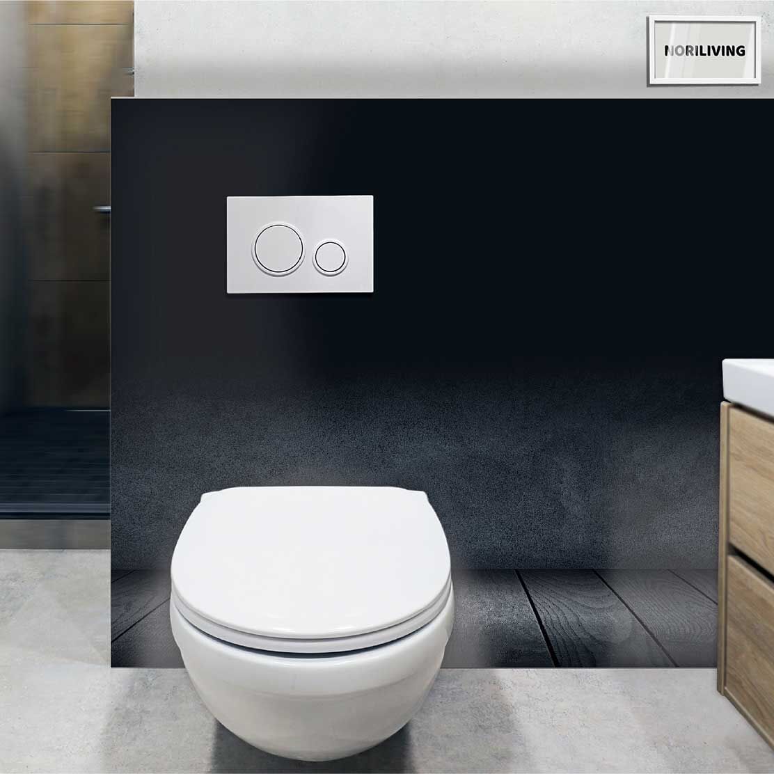 im WC eingebaute Toilettenrückwand mit Motiv dunkles Zimmer 306