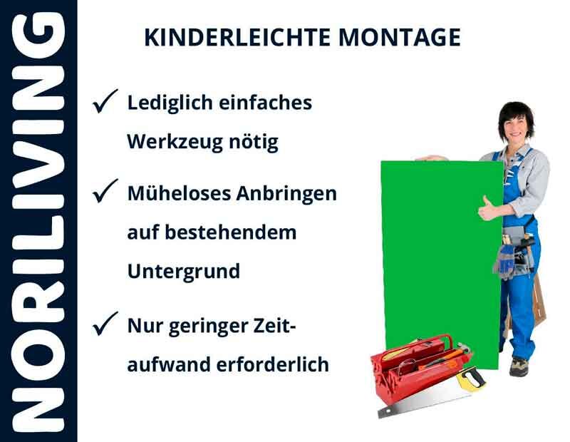 Werbung von NORILIVING mit Highlights wie einfache Montage mit minimalem Werkzeug, müheloses Anbringen auf vorhandenem Untergrund und geringer Zeitaufwand. Person in Arbeitskleidung zeigt ein grünes Panel.