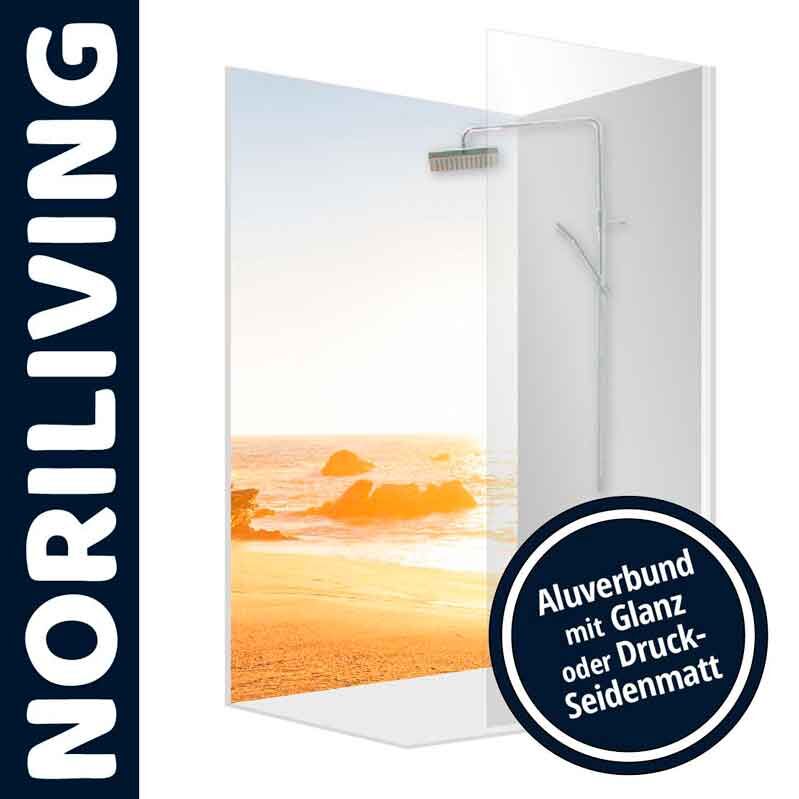 Duschabtrennung von Noriliving mit Bildmotiv eines Sonnenuntergangs am Strand, erhältlich in Aluverbund mit Glanz oder Druck-Seidenmatt