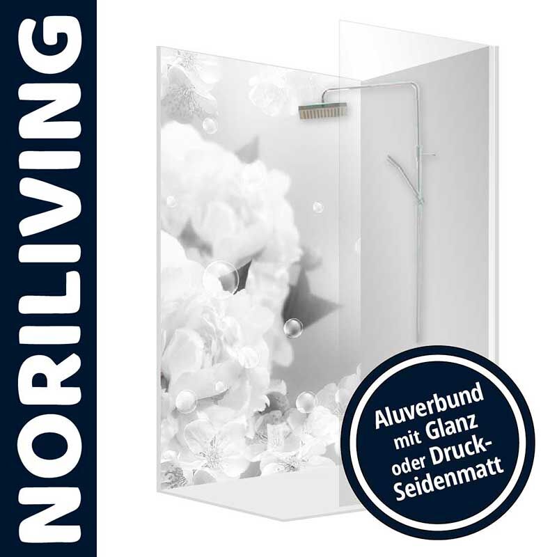 Elegante Duschwand mit floralem Design und Aluverkleidung in Glanz oder Seidenmatt