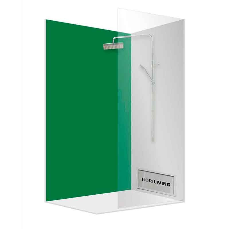 Moderne Duschkabine mit grünem Glas und Regenbrause