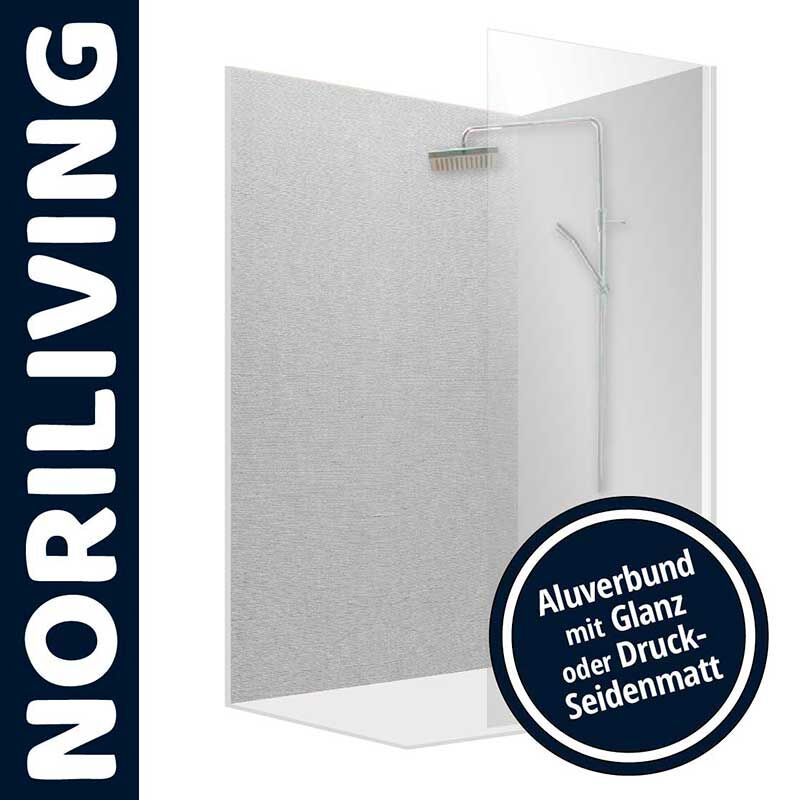 Moderne Duschwand von Noriliving aus Aluverbundmaterial, erhältlich in Glanz oder Druck-Seidenmatt, präsentiert in einem minimalistischen Design.