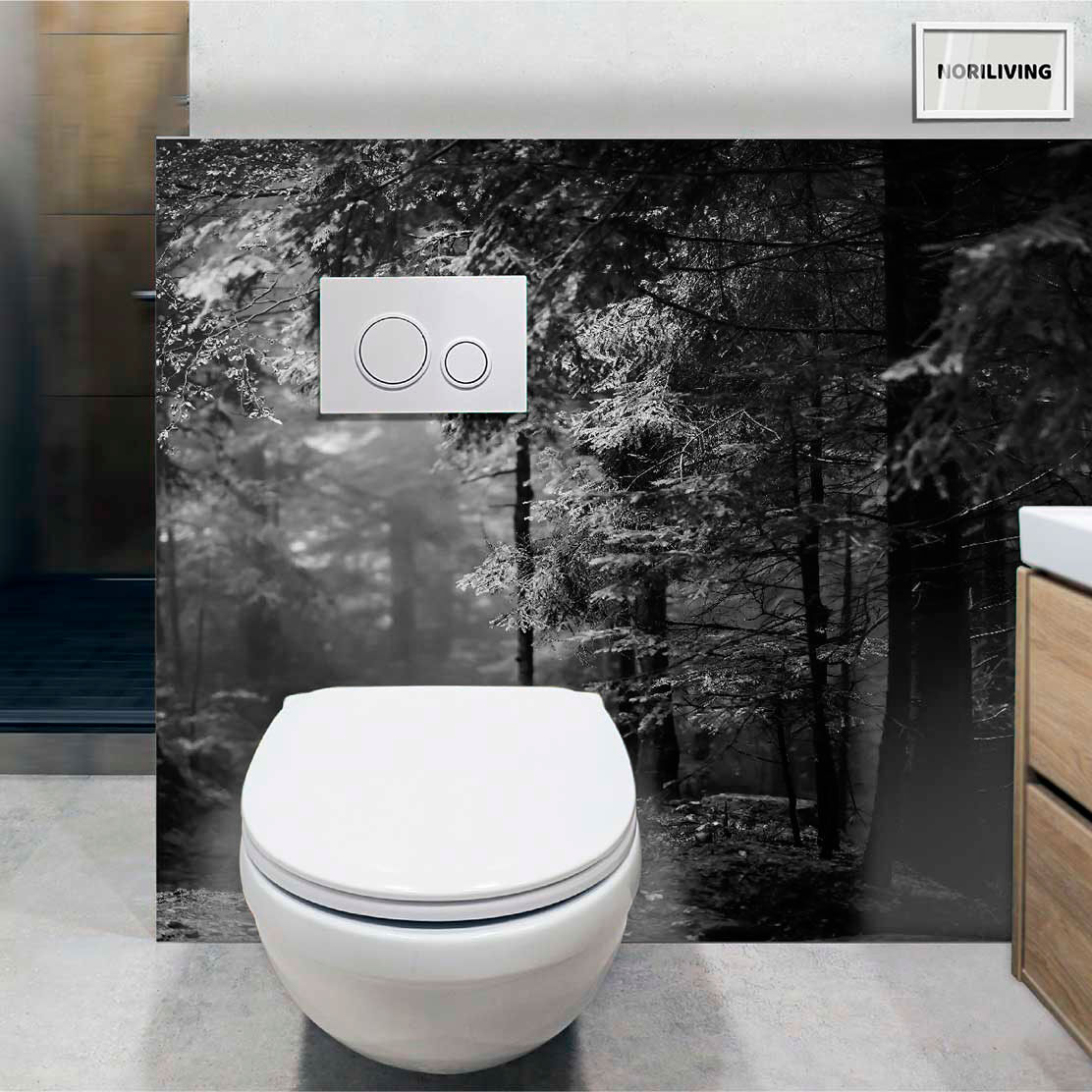 im WC eingebaute Toilettenrückwand mit Motiv Landschaftsweg durch den Wald 795 schwarz-weiß