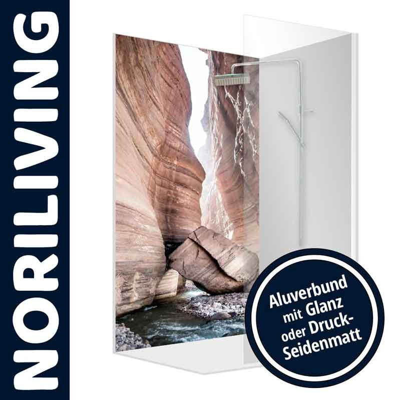 Duschtrennwand von Noriliving mit Canyon-Motiv, erhältlich in Glanz oder Druck-Seidenmatt
