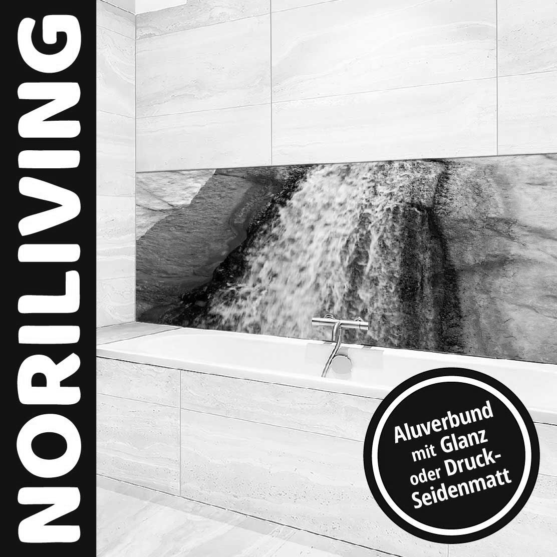 Ansicht des Badrückwand-Motivs Wasserfall Sandstein 719 schwarz-weiß Unterkante