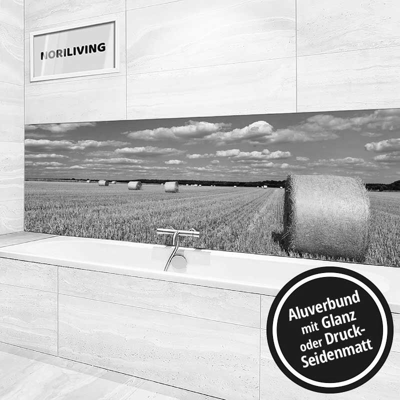Ansicht des Badrückwand-Motivs Badrückwand Alverbundu Feld Ernte 439 schwarz-weiß Höhe zentriert