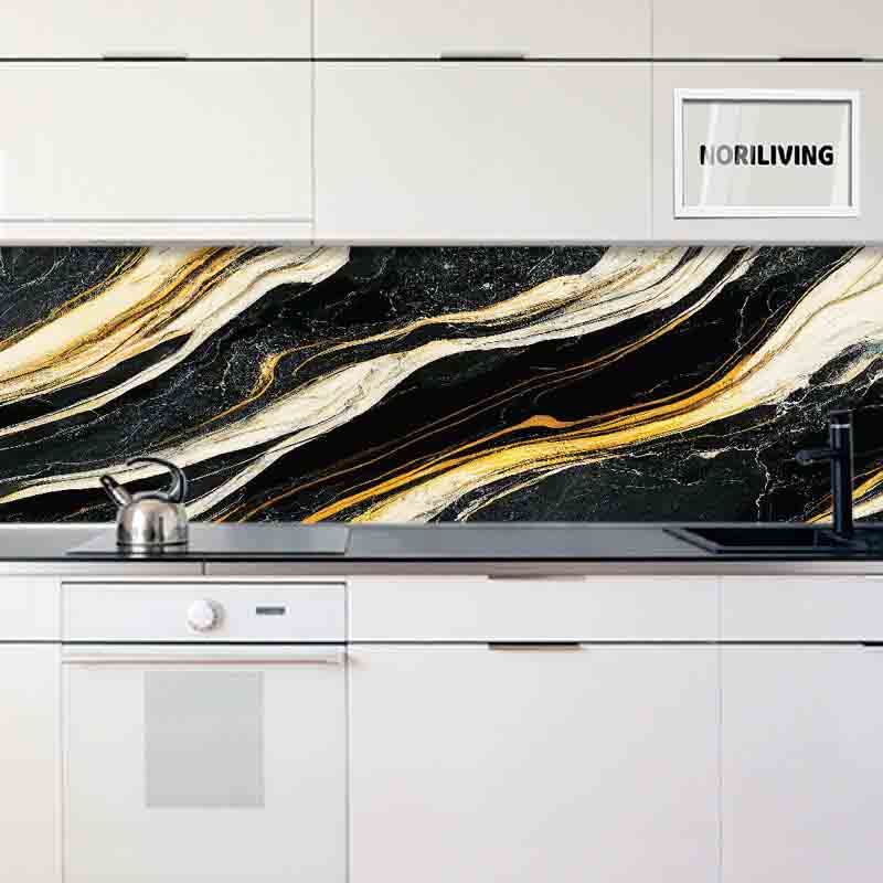 in der Küche eingebaute Küchenrückwand Profiline mit Motiv Marmor dunkelgrau und beige mit goldfarbigen Einschlüssen 069