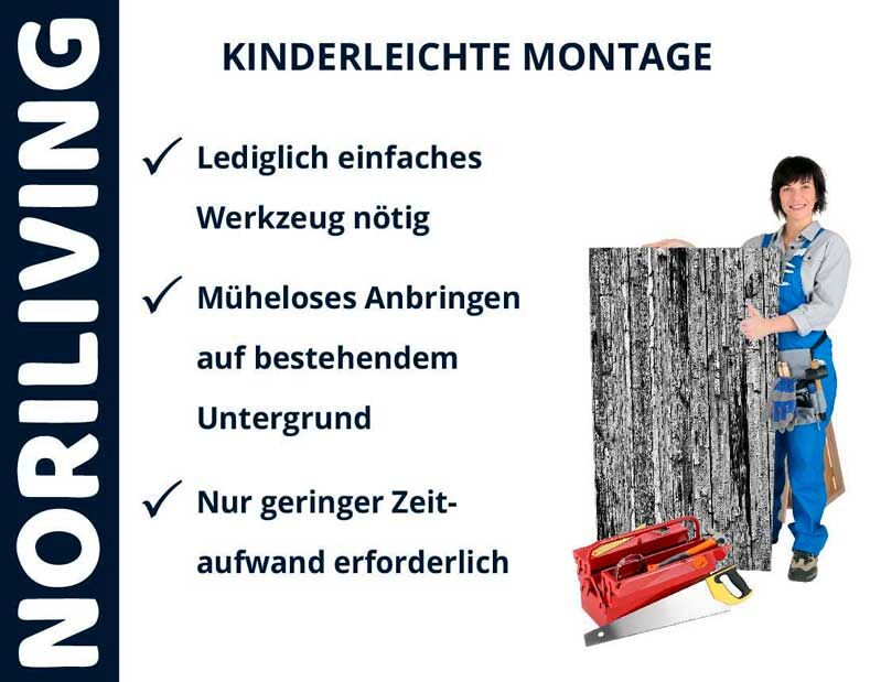 Handwerkerin präsentiert Noriliving Wandpaneel mit einfachen Montagehinweisen