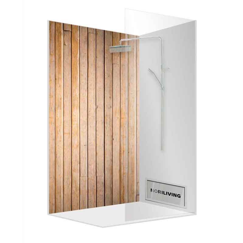 Duschkabine mit Holzoptik-Rückwand und moderner Duscharmatur