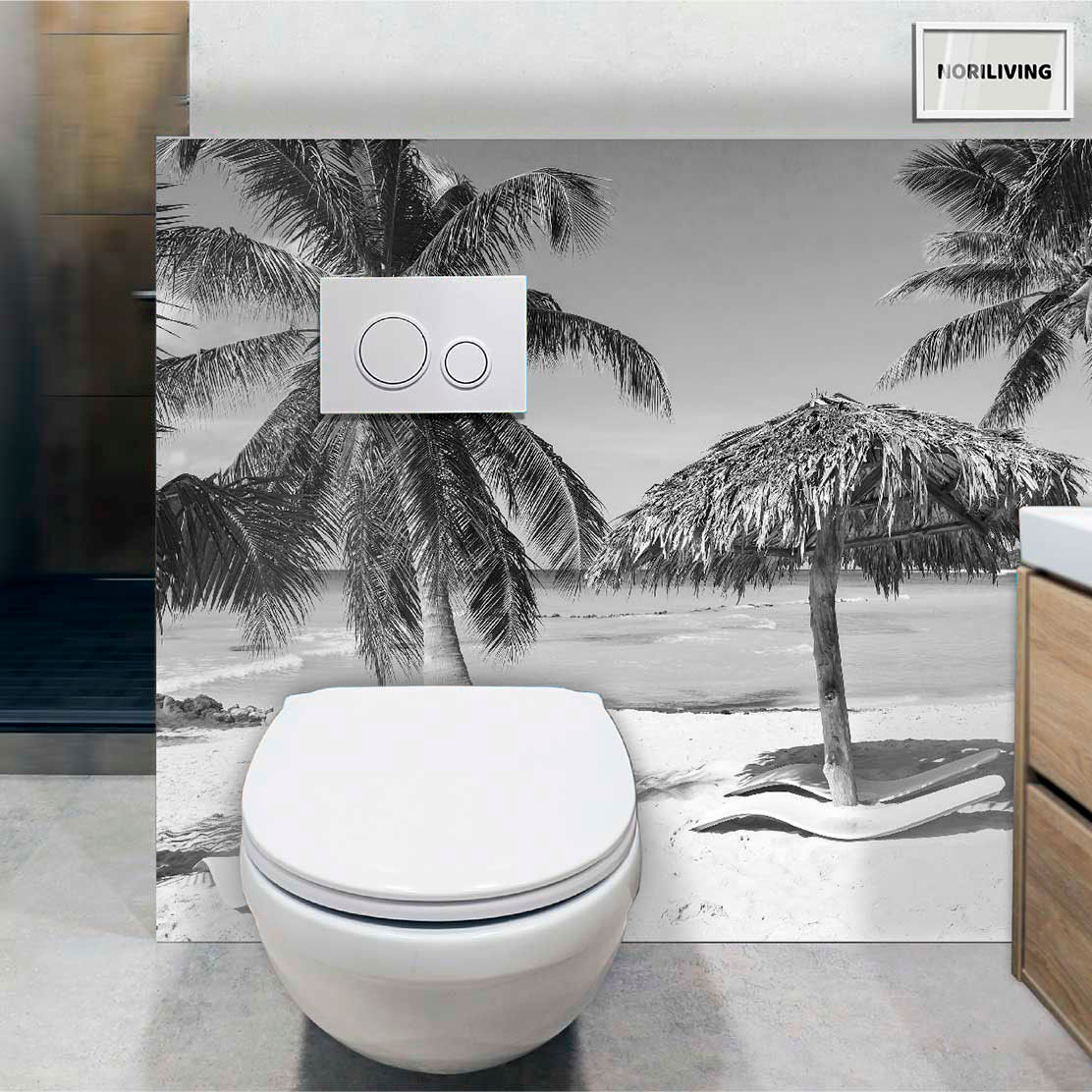 im WC eingebaute Toilettenrückwand mit Motiv Kokospalmen am weißen Sandstrand Insel Saona 558 schwarz-weiß