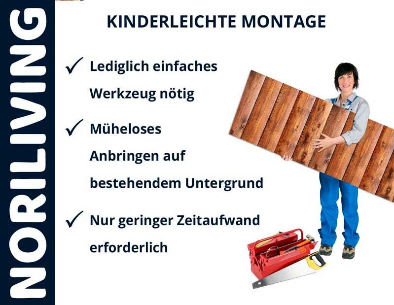 Person hält Holzplatte, daneben Text mit Vorteilen der Montage von NORILIVING-Produkten: einfaches Werkzeug, müheloses Anbringen, geringer Zeitaufwand.