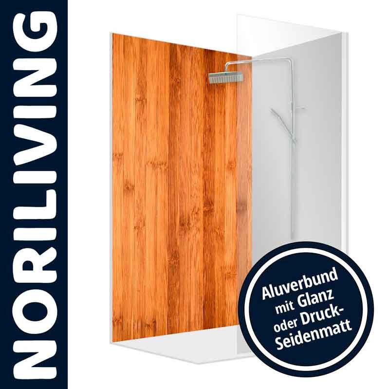 Duschkabine mit Holzwand und Alubund, von Norliving, in Glanz oder Druck-Seidenmatt erhältlich.