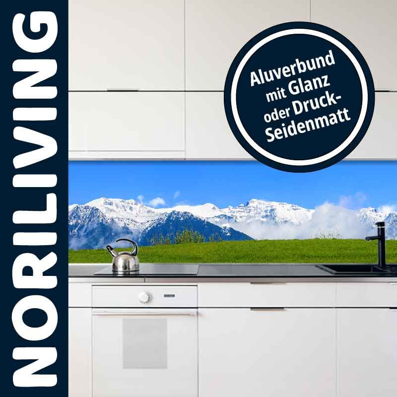 Moderne Küche mit Aluverbund-Rückwand, Landschaftsmotiv und NORILIVING-Logo