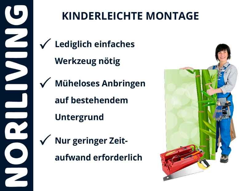 Bild zeigt eine Person mit Werkzeug, die ein einfach zu montierendes Noriliving Produkt präsentiert.